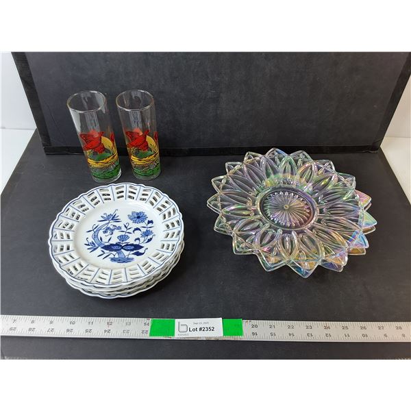 Dishes Lot- (2) Iridescent Plates, (4) Ceramic Plates, (2) Cups