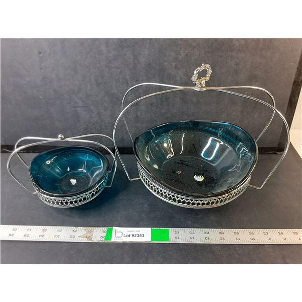 (2) Blue Glass/Silver Plated Footed Baskets