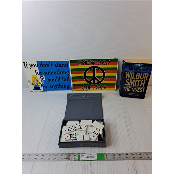 (2) Peace Wall Signs, Wilbur Smith Book, Dominoes Set