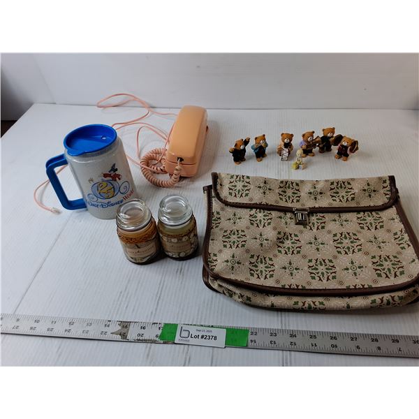 (6) Musical Teddy Bear Figurines, Coral Home Phone, (2) Scented Candles, Misc.