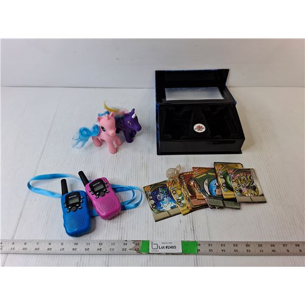 Bakugan Cards, (2) Walkie Talkies- As Is, (2) Pony Figurines