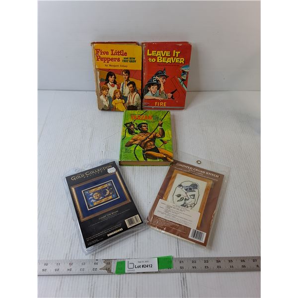 (2) Cross Stitch Designs, (3) Vintage Books- Tarzan, Leave it to Beaver, Five Little Peppers- Some W