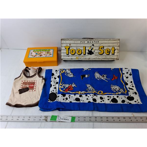Fudgesicle Doll Shirt, Dalmation Scarf, Metal Tool Case, Garfield Pencil Case