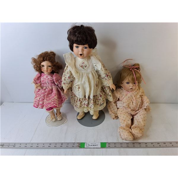 (3) Porcelain Dolls, Two Stands