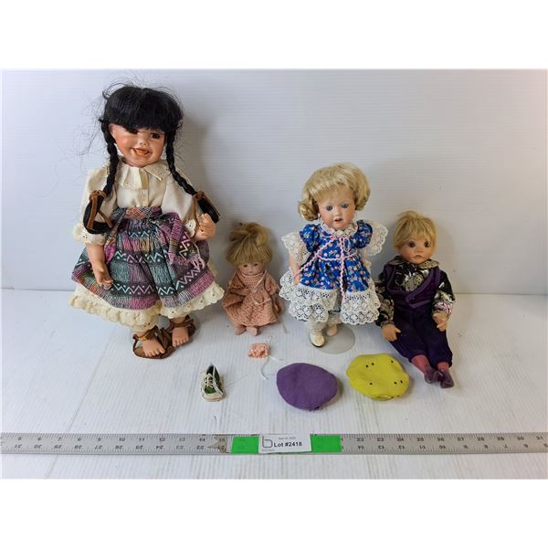 (4) Porcelain Dolls, Two Stands