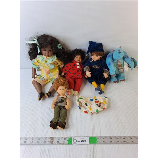 (3) Porcelain Dolls, Sulley Stuffie, Ty Beanie
