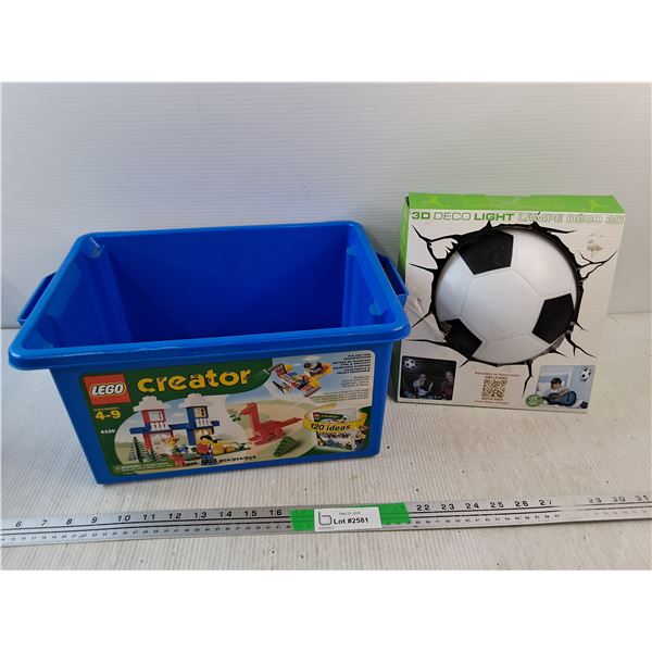 Lego Storage Tote, 3D Soccer Ball Deco Light - As Is