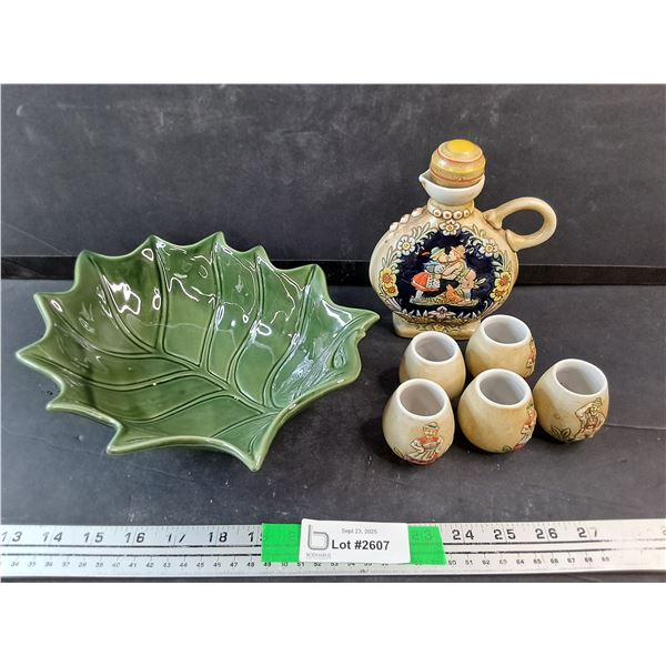 Ceramic Leaf Bowl, Ceramic Liquor Decanter & Shot Cups