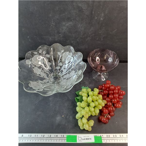 (2) Footed Glass Bowls, Artificial Grapes