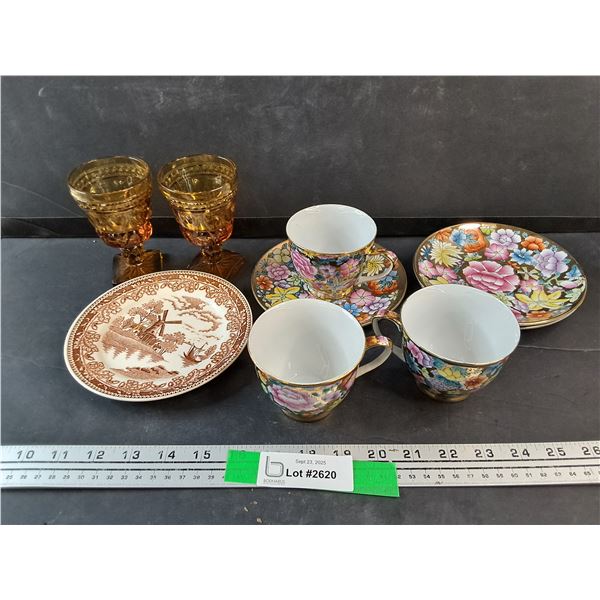 Amber Glass Goblets, Ceramic Tea Cups & Saucers