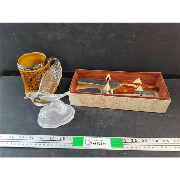 Glass Dove Statue, Ceramic Beerstein, Vintage Pie Utensils Set