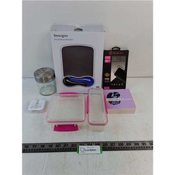 Wrist Rest(not the same as pictured on box), Ear Buds, Food Storage, Misc.