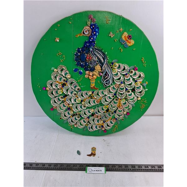 Green Wood Bead/Jewelry Craft "Cowboy Peacock" Wall Art - 22" Dia - Some Pieces Need Glue