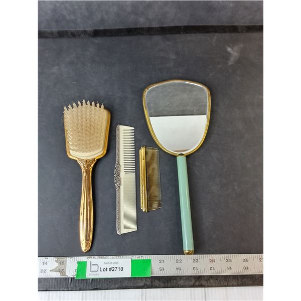 Vintage Vanity Set- Mirror, Brush, (2) Combs