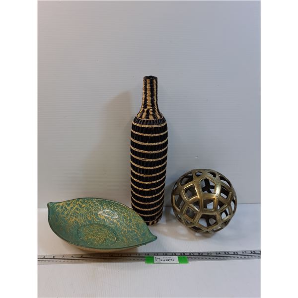 (3) Home Decor Items: Vase, Misc