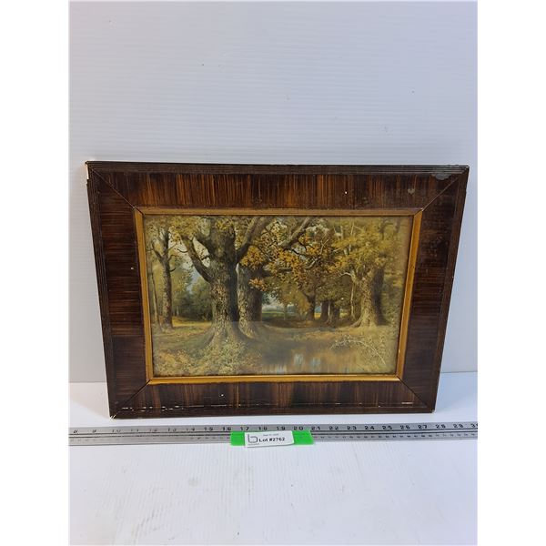 Plaster & Wood Frame w/ Vintage Print of the Woods - 19" x 14"