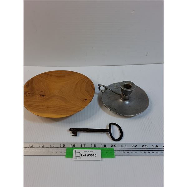 Pewter Candle Holder, Key Decor & Wood Carved Serving Platter