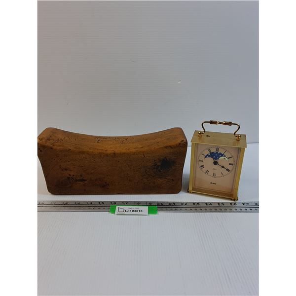 Chinese Wooden Headrest - 12" x 3.5" x 5" & Dumai Desk Clock - As Is