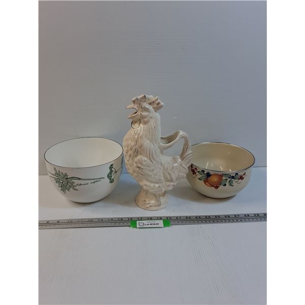 (2) Metal Enameled Bowls & Rooster Pitcher