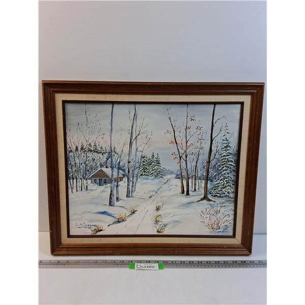 Winter Cabin Scene Oil Painting by L.M. Truemner in Wooden Frame - 24" x 20"