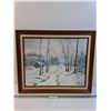 Image 1 : Winter Cabin Scene Oil Painting by L.M. Truemner in Wooden Frame - 24" x 20"