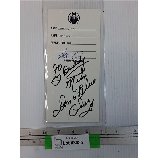 Edmonton Oilers 1997 Hockey Pass Signed by Don Cherry - CANNOT GUARANTEE AUTHENTICATION