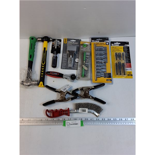 Tool Lot: Star Socket Set, Wobble Socket Set, Clamps, (2) Welding Hammers & Brush