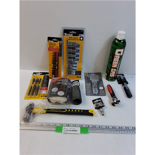 Tool Lot: Hammer, Green Gas (CANNOT SHIP), Polishing Head, Scraper, Misc