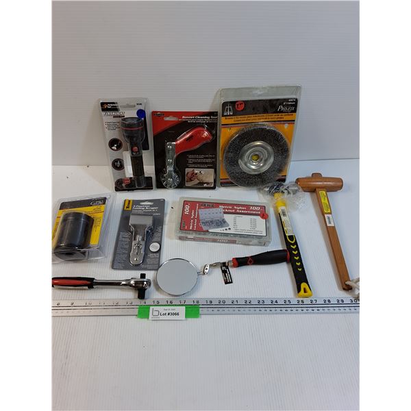 Tool Lot: Hammers, Polishing Bonnet Cleaning Tool, Scraper, Misc