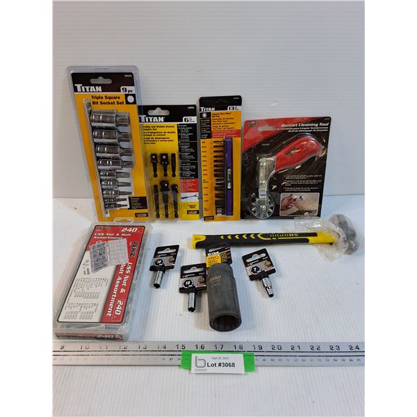 Tool Lot: Socket Set, Hammer, Nut & Bolt, Misc