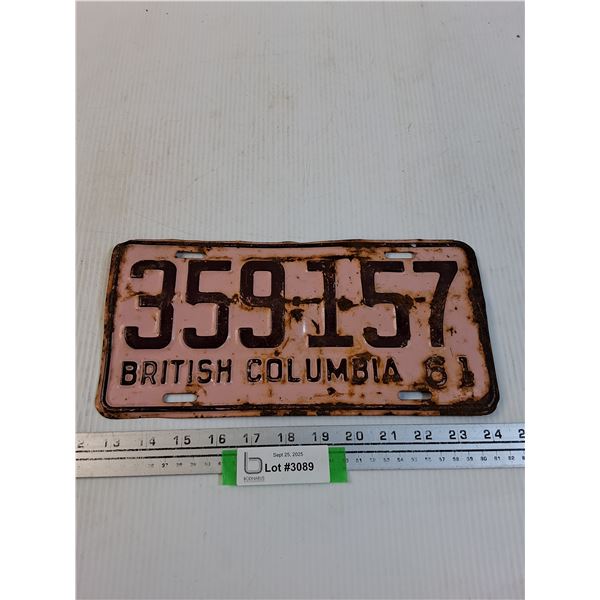 British Columbia 1961 License Plate