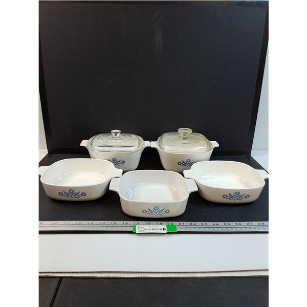 (5) Blue Corn Flower Corningware Casserole Dishes Lot - One Lid Has Chips As Pictured