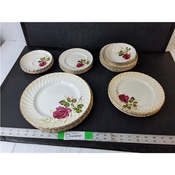 Ridgeway Ironstone 'Anniversary Rose' Dish Set- (16) Plates, (8) Bowls
