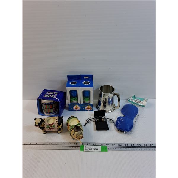 Lot: Retired Mug, Candle Holders, Folding Reading Glasses, Misc