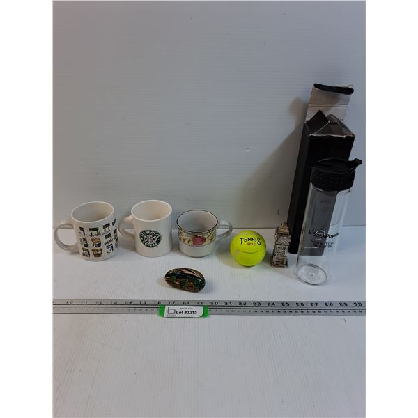 (3) Mugs, Rock Paper Weight, Sask Power Travel Mug, Tennis Candle, Misc