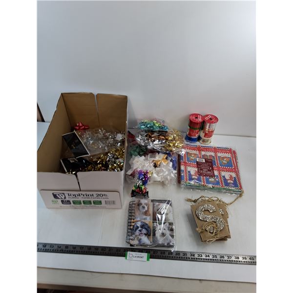 Assorted New Gift Wrapping Paper & Items, Bows, Ribbon,  Personal Contacts Book - Unused