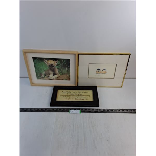 (3) Framed Wall-Art (Wolf Pup, Chickadees, Good Teacher) - Largest 15" x 12"