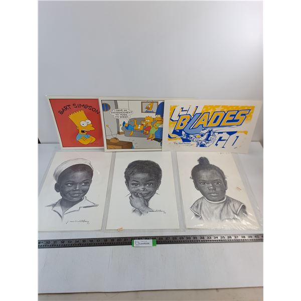 (3) African Children Charcoal Sketches, (2) Simpsons Place Mats, (3) Saskatoon Blades Posters