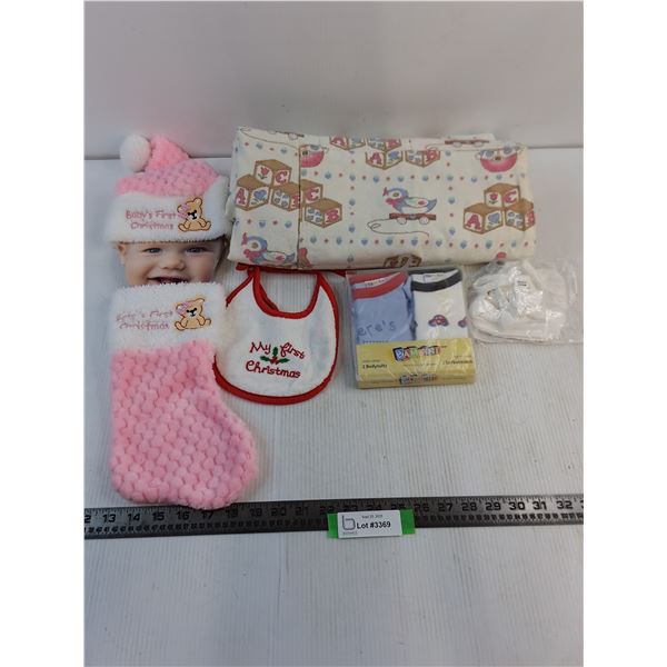 Handmade Baby Flannel Crib Quilt (Double Sided) & Christmas Items, Bodysuits & Misc.