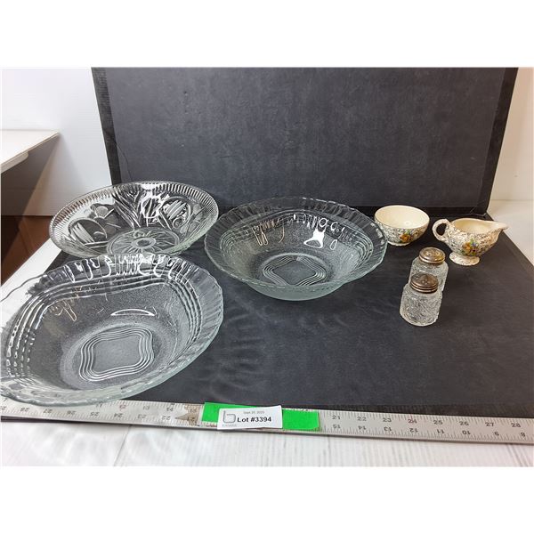 (3) Glass Bowls 10.5" Diameter, (2) Salt & Pepper Shakers, Decorative Sugarbowl & Creamer
