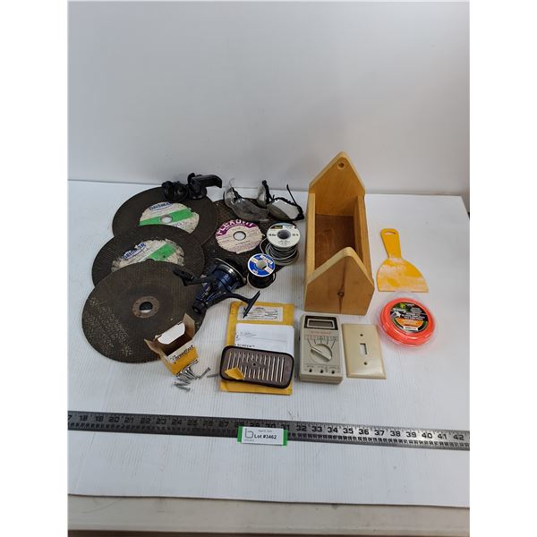 Wooden Tool Box, Disc Sanding Pads, Wire, Safety Glasses, Misc.