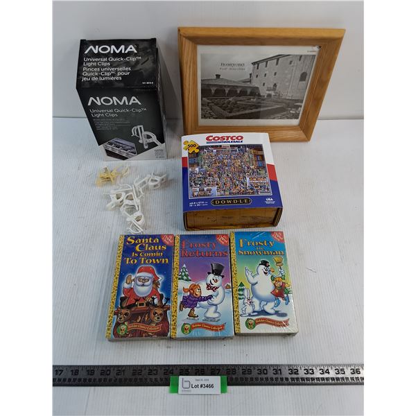 Costco 500-Piece Jigsaw Puzzle, (3) VHS Kids Movies - Sealed, Roof Light Clips, Wooden Picture Frame
