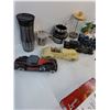 Image 2 : (5) Avon Vehicle Bottles, Assorted Glass/Travel Cups, French Press, Apple Cider, Raspberry Tea, Misc