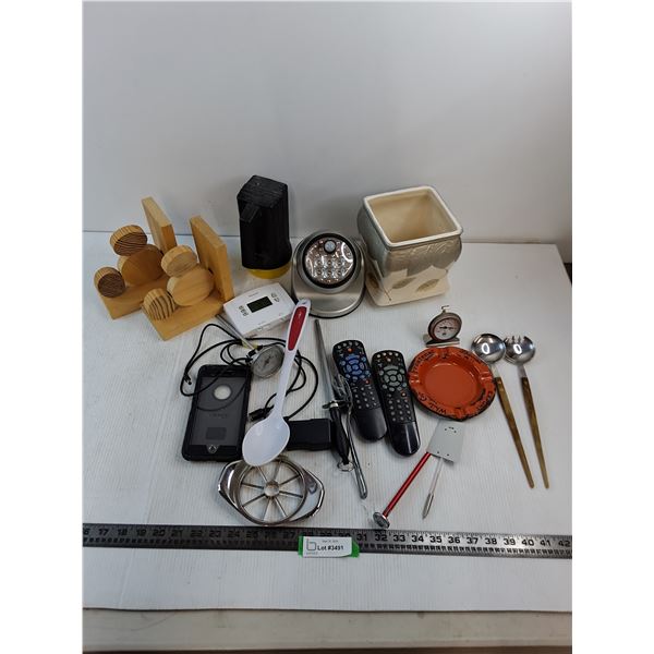 Assorted Kitchen Utensils/Tools, Remotes, Thermostat, Book Ends, Misc.