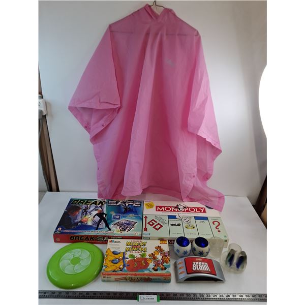 (4) Board Games (Monopoly, Memory, Scrabble), Ornamental Candle Holders, Frisbee, Poncho
