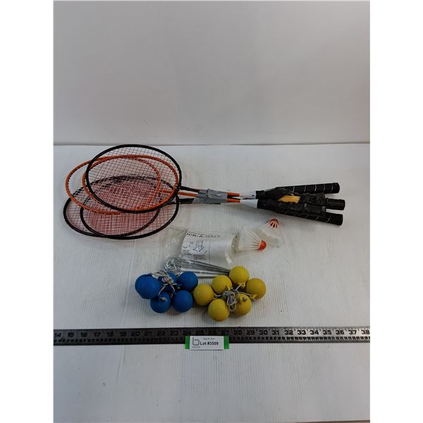 (5) Badminton Racquets & Birds, Chuck-A-Ball Game - Incomplete