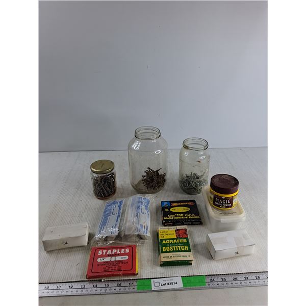Miscellaneous Jars/Boxes Of Staples And Nails