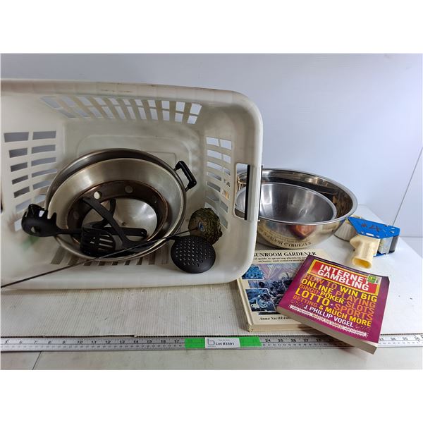Basket Of Miscellaneous Bowls/Books - PICK UP