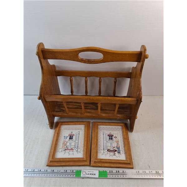 Wooden Magazine Rack, (2) Framed Embroidery Wall Art 9" x 7"