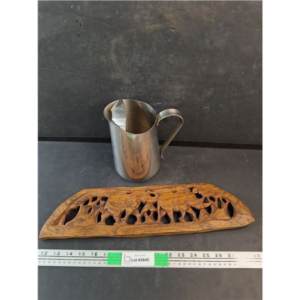 Metal Milk Frothing Pitcher, Carved Wood Wall Decoration